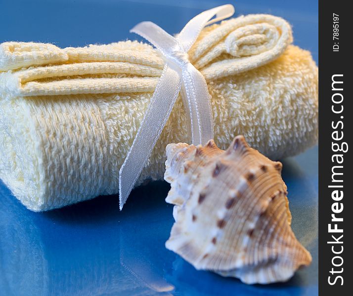 Photo of spa composition - towel and sea shell. Photo of spa composition - towel and sea shell