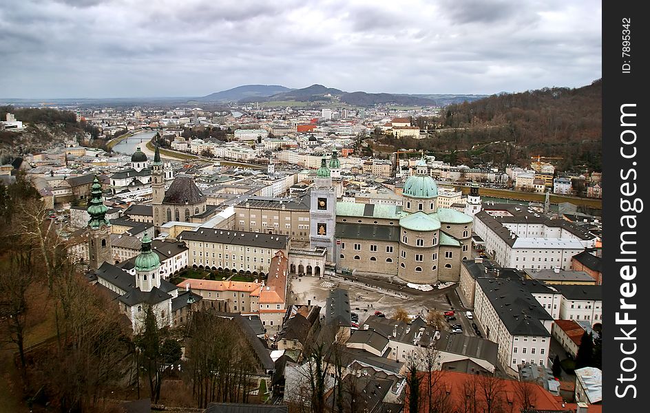 Bird-eye view on historical center of Salzburg, Austria