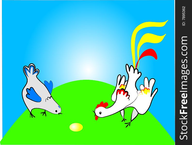 Hen and rooster find an egg