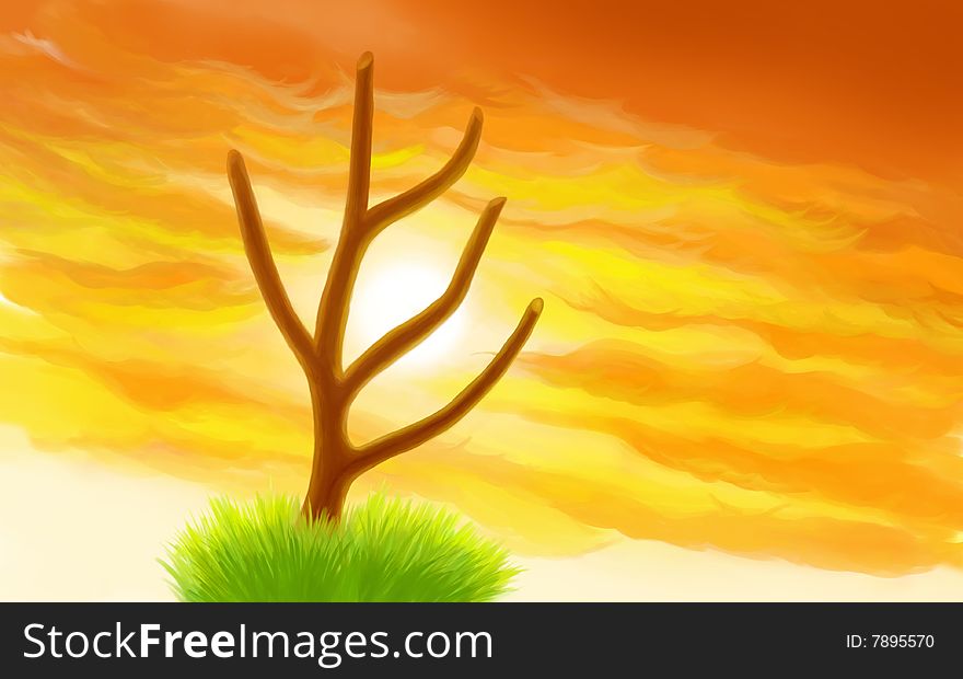 Abstract cloudy sunset and surreal tree. Abstract cloudy sunset and surreal tree