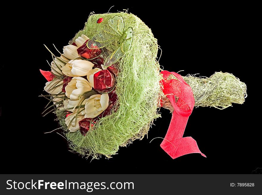 Photo of bouquet of artificial flowers isolated on black background