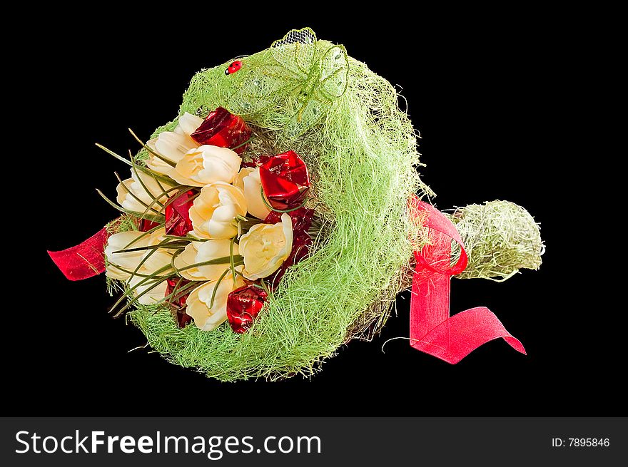 Photo of bouquet of artificial flowers isolated on black background