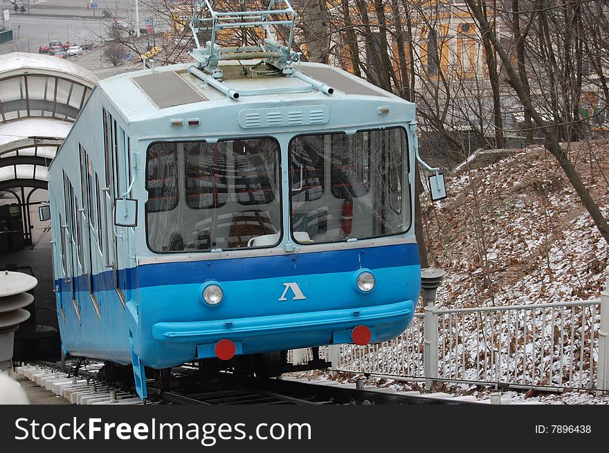 Railway funicular at winter. Kiev , Ukraine