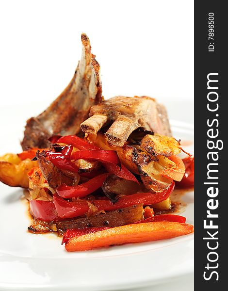 Roasted Lamb Chops with Asian-Style Vegetables. Isolated on White Background