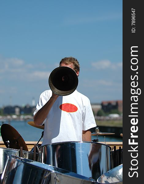 Man is speaking in a megaphone