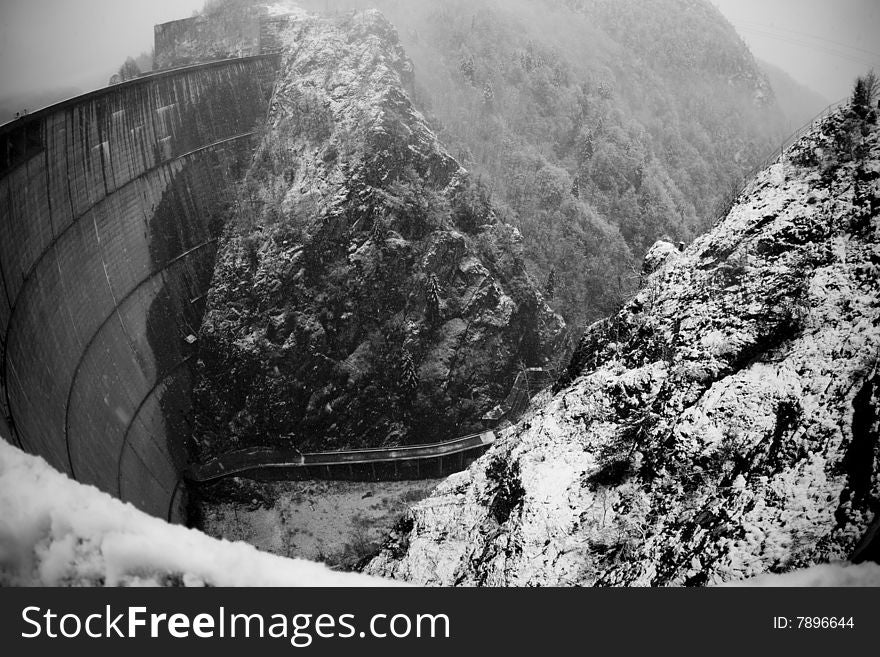 Heavy snow fall at large dam
