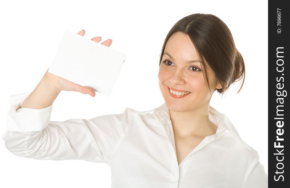 Woman with card for text.  Isolated on white background