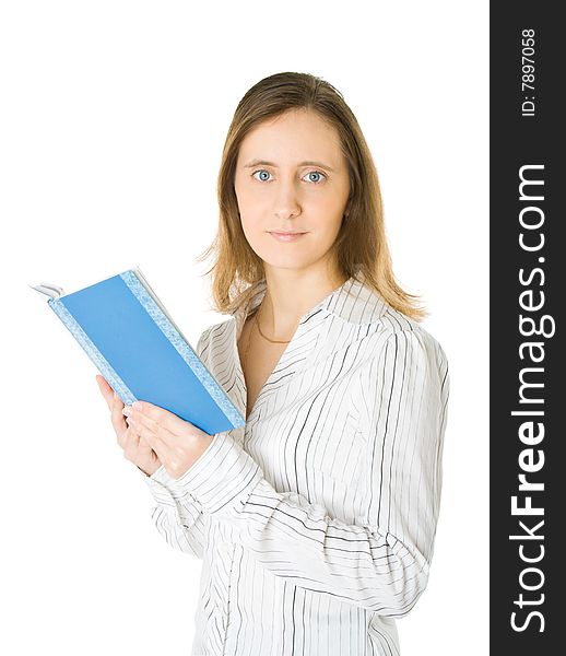 Young woman with book. Isolated on white background