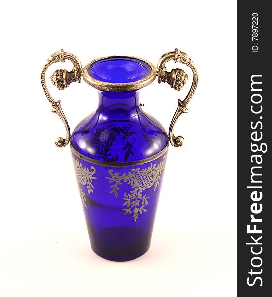 Small decorated blue glass bottle. Small decorated blue glass bottle