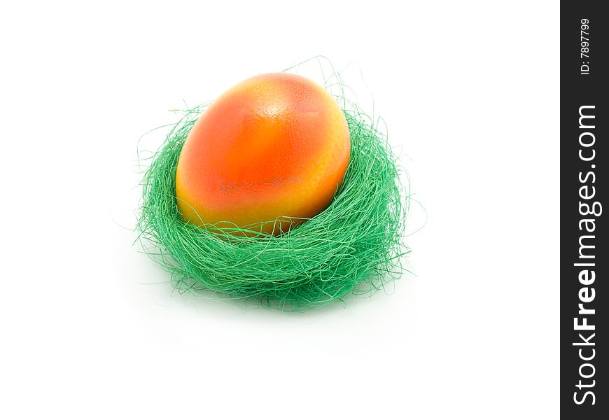 Colorful Easter egg in nest isolated in white background.