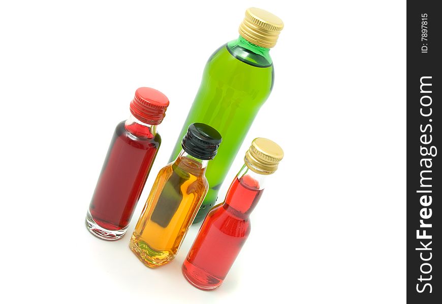 Bottle with liquid isolated on white background, alcohol.