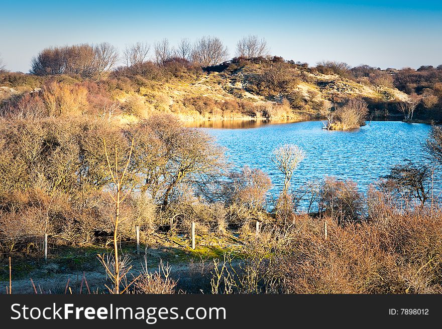 Winter landscape with a lake and dunes. North Sea coastline, The Netherlands. Winter landscape with a lake and dunes. North Sea coastline, The Netherlands