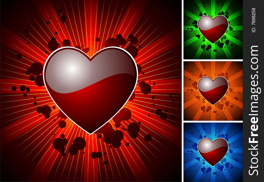Valentine's day illustration with glossy red heart with four colour variation