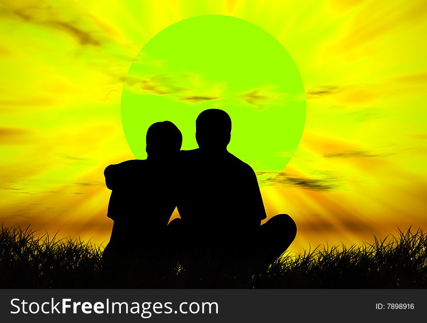 Lovers on the grass in front of the sunset. Lovers on the grass in front of the sunset