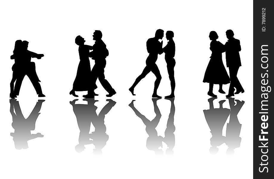 Four couples dancing silhouetted in black on a white background with a reflective floor. Four couples dancing silhouetted in black on a white background with a reflective floor.
