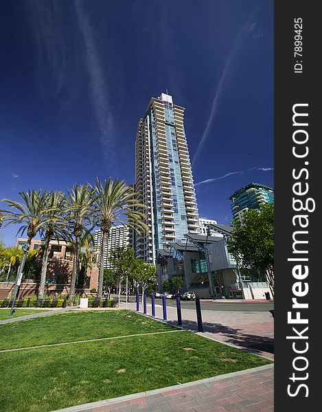 High rise Condo Tower against a blue sky. High rise Condo Tower against a blue sky