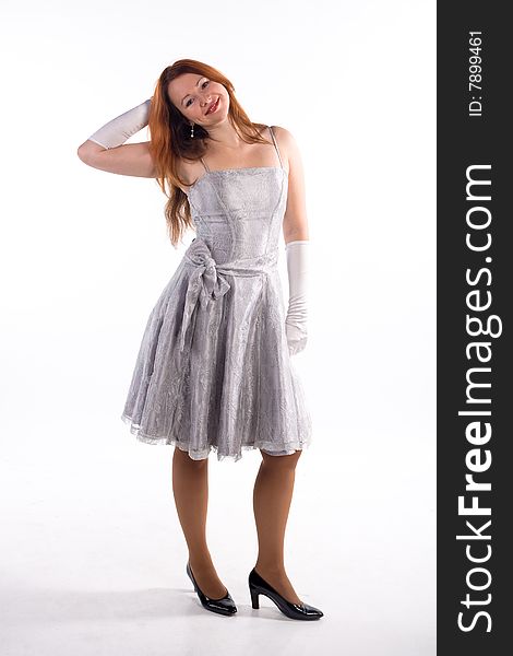 Young girl with white gloves standing on white background. Young girl with white gloves standing on white background