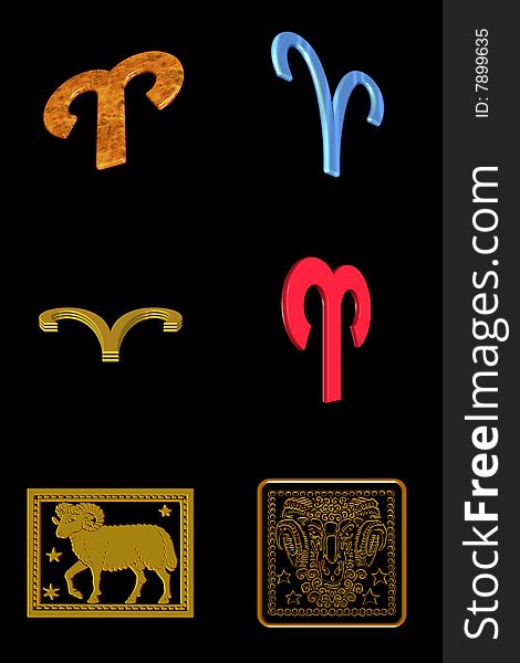 Astrological sign aries - six different icons on a black background. Astrological sign aries - six different icons on a black background