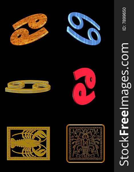 Astrological sign cancer - six different icons on a black background. Astrological sign cancer - six different icons on a black background