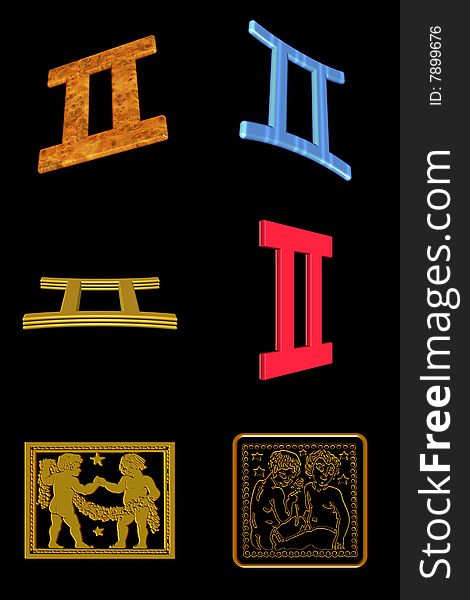 Astrological sign gemini - six different icons on a black background. Astrological sign gemini - six different icons on a black background