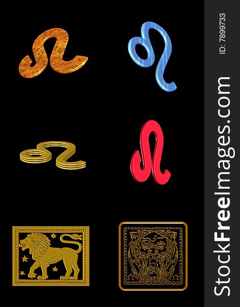 Astrological sign leo - six different icons on a black background. Astrological sign leo - six different icons on a black background