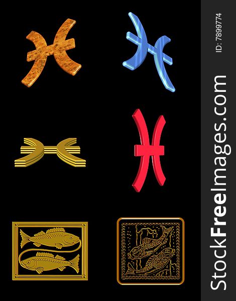 Astrological sign pisces - six different icons on a black background. Astrological sign pisces - six different icons on a black background