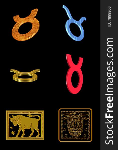 Astrological sign taurus - six different icons on a black background. Astrological sign taurus - six different icons on a black background