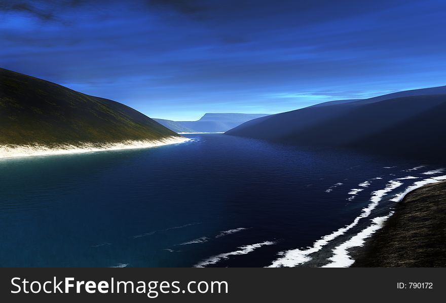 A digital view of a beach with breaking waves...