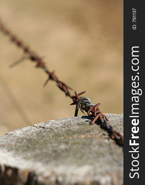 Barbed wire fence and post with shallow depth of field. Barbed wire fence and post with shallow depth of field