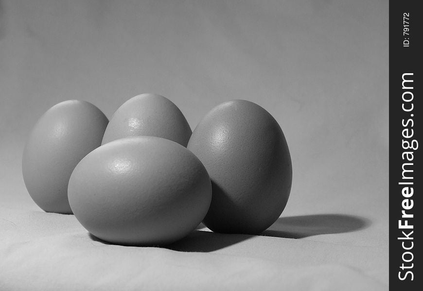 Black and white shot of four eggs. Black and white shot of four eggs.