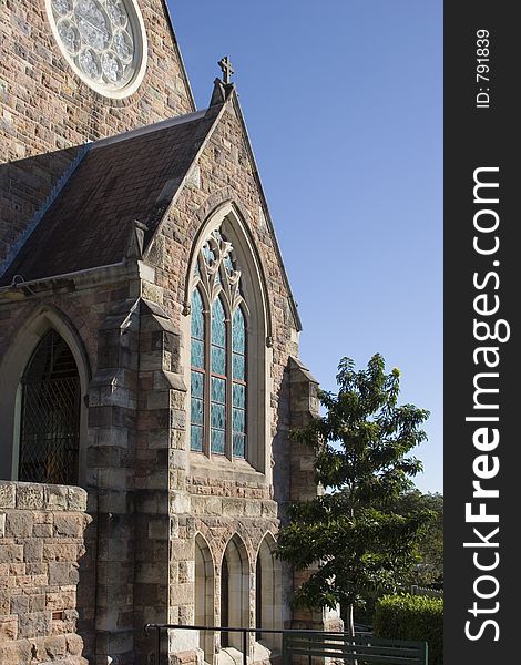 Church windows AGAINST BLUE SKY