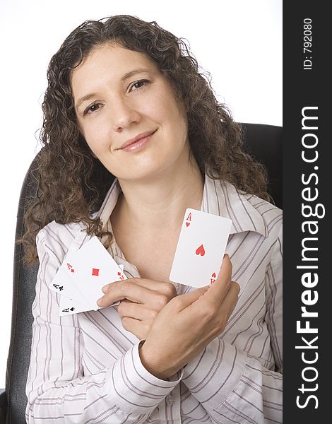 Businesswoman, queen of hearts, is holding a heart ace