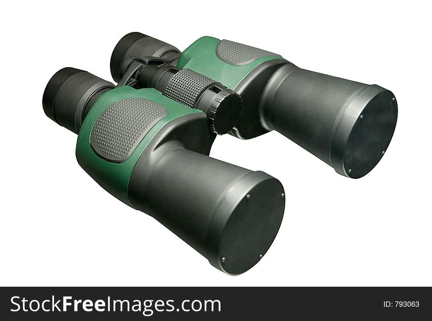 Black green modern plastic binoculars isolated on white. Black green modern plastic binoculars isolated on white