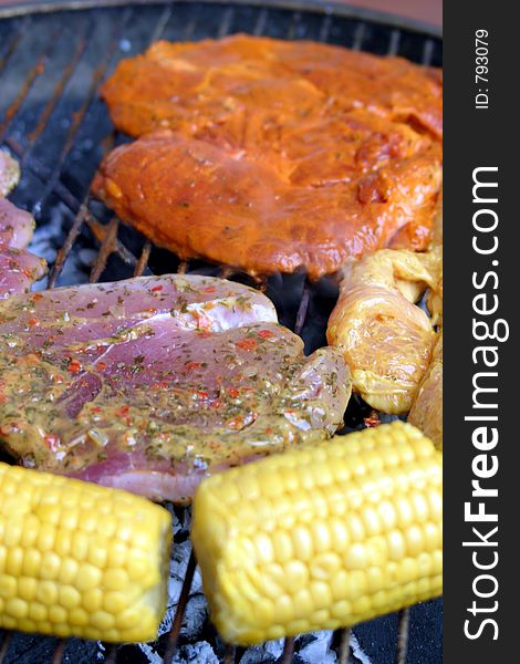 Delicious differently marinated meat and corncobs on a barbecue grill