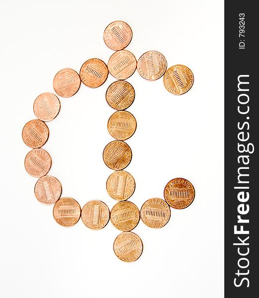 Symbol for USA cent formed by one-cent coins on white background. Clipping path embedded. Symbol for USA cent formed by one-cent coins on white background. Clipping path embedded