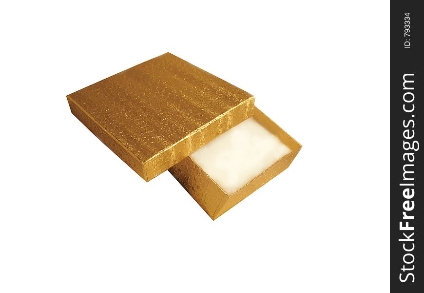 Empty gold foil gift box isolated on white  background.