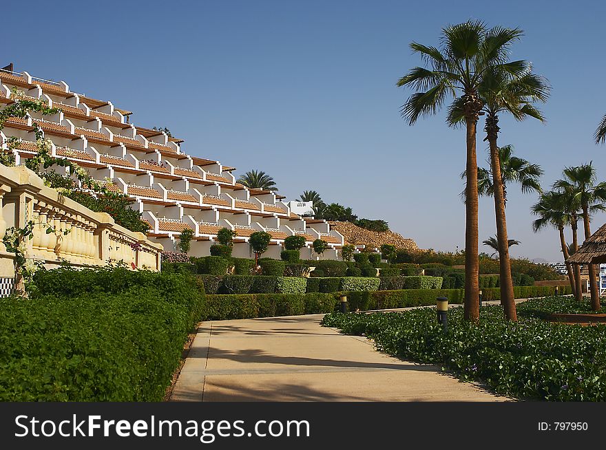 View of a hotel under blue sky