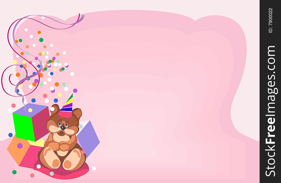 This is a pink background with toys and confetti. This is a pink background with toys and confetti
