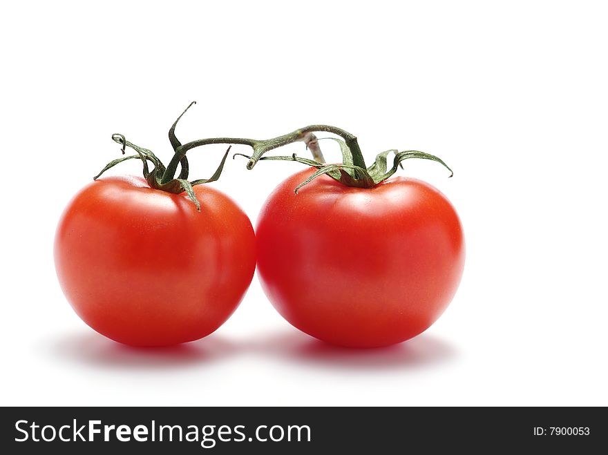 Two tomatoes with stalk isolated on a white background