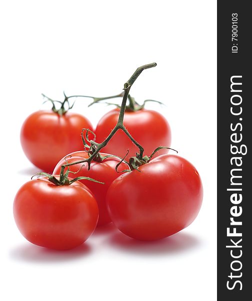 Five tomatoes with stalk isolated on a white background. Background blurry.