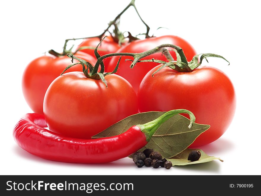 Tomatoes, hot pepper and spice isolated on a white background. Background blurry. Tomatoes, hot pepper and spice isolated on a white background. Background blurry.
