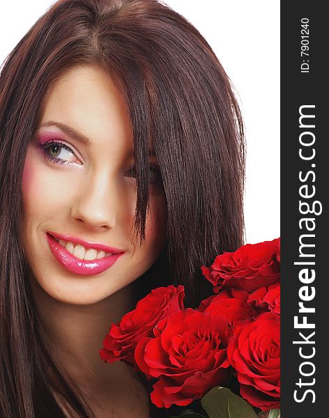 Close-up studio portrait of a beautiful sexy woman with red rose, isolated on white background