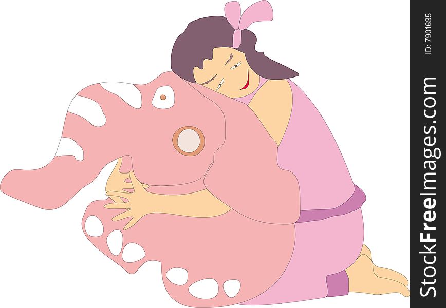 Girl, Which Embraces Large Pink Elephant