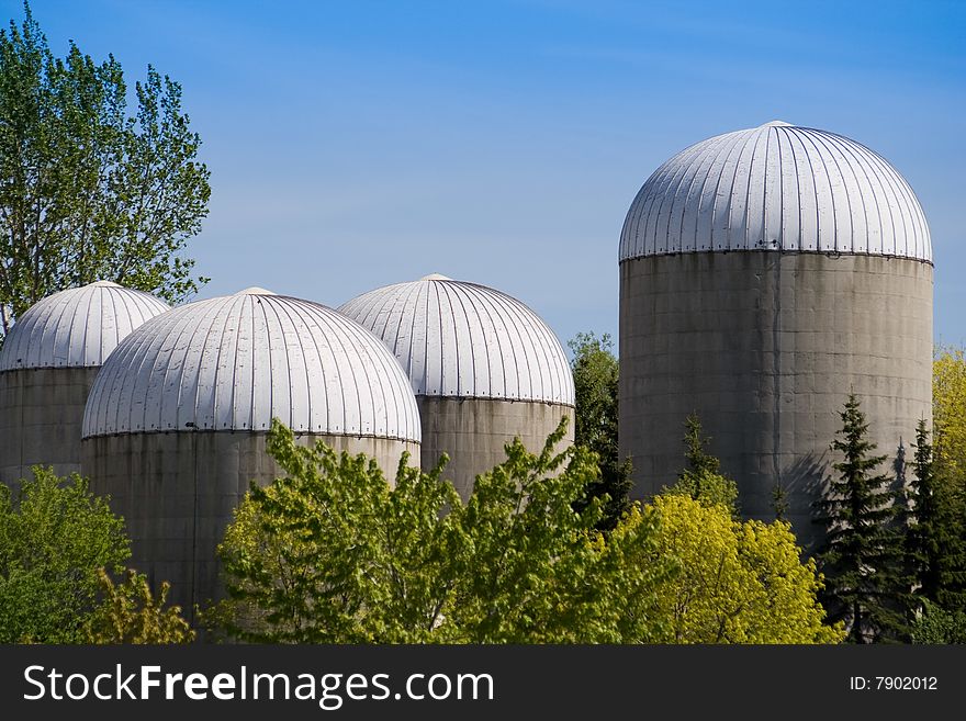 Group of agricultural urban futuristic style towers at the Ontario island. Group of agricultural urban futuristic style towers at the Ontario island