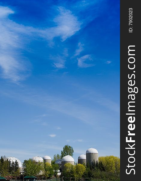 Group of agricultural urban futuristic style towers at the Ontario island. Group of agricultural urban futuristic style towers at the Ontario island