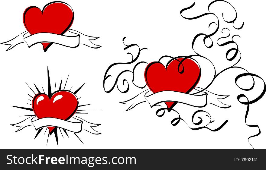 The different red vector hearts with banners. The different red vector hearts with banners