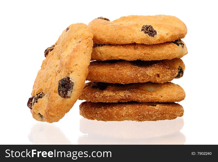 A stack of homemade chocolate chip cookies isolated on a white background