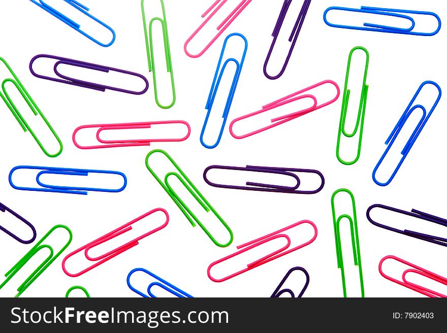 Disordered multicolored paper clips isolated on white background. Disordered multicolored paper clips isolated on white background
