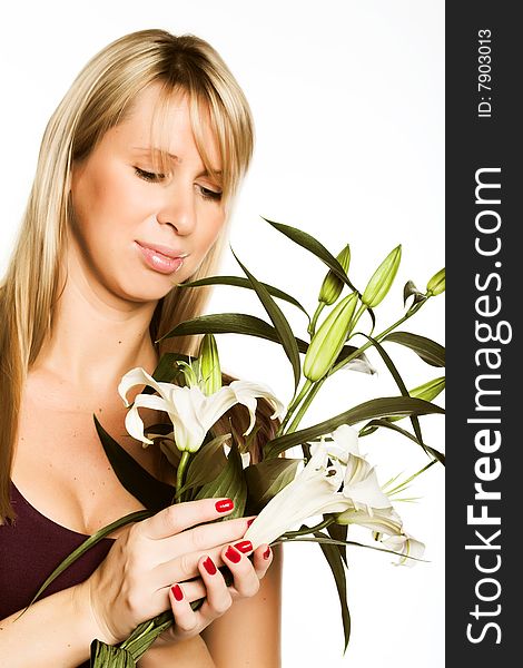 Portrait of Fresh and Beautiful woman with flower isolated on white