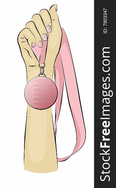 Woman's hand holding up a pink medal. Woman's hand holding up a pink medal